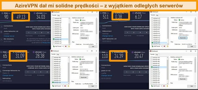 Zrzut ekranu z 4 testami prędkości podczas połączenia z serwerami AzireVPN