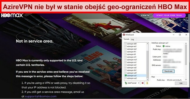  Zrzut ekranu błędu proxy HBO Max podczas połączenia z AzireVPN przez WireGuard