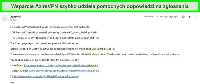  Zrzut ekranu przedstawiający pomoc techniczną AzireVPN odpowiadającą na zgłoszenie prośby o pomoc