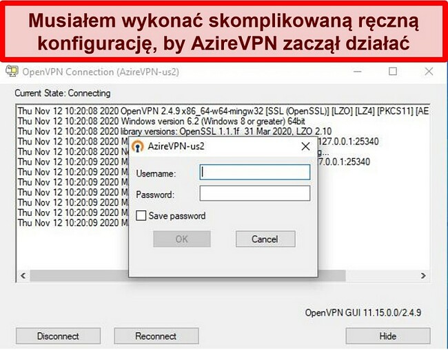 Zrzut ekranu z monitem logowania AzireVPN podczas korzystania z klienta OpenVPN