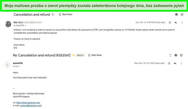 Zrzut ekranu z wątkiem e-mail przedstawiającym proces anulowania AzireVPN i procesu zwrotu pieniędzy