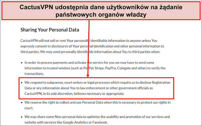 Zrzut ekranu polityki prywatności CactusVPN, który pokazuje, że przekażą Twoje dane