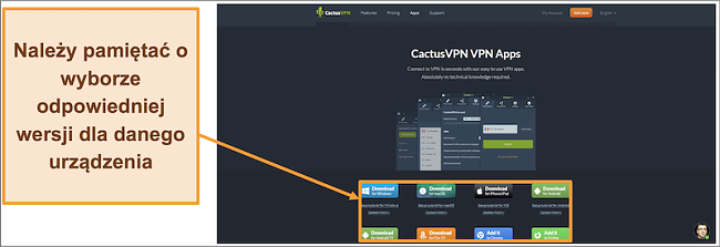 Zrzut ekranu pokazujący, skąd pobrać żądaną wersję CactusVPN z jego strony internetowej