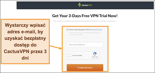 Zrzut ekranu pokazujący, jak zarejestrować się w bezpłatnej wersji próbnej CactusVPN