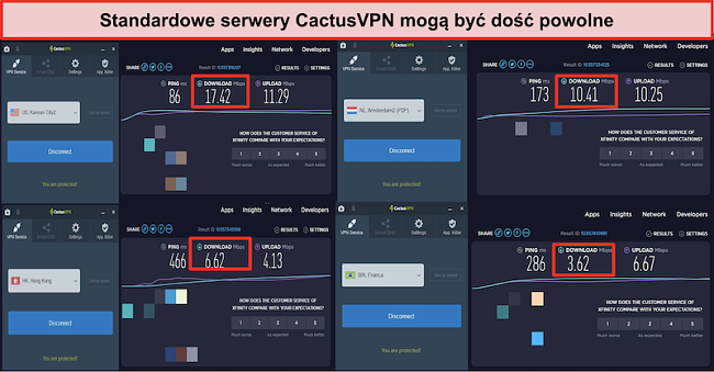 Zrzut ekranu przedstawiający wolne prędkości na normalnych serwerach CactusVPN
