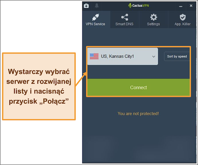 Zrzut ekranu interfejsu CactusVPN pokazujący menu rozwijane wyboru serwera