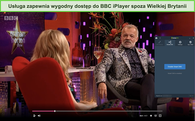 Zrzut ekranu pokazu The Graham Norton Show, który został pomyślnie transmitowany na BBC iPlayer z podłączonym CactusVPN