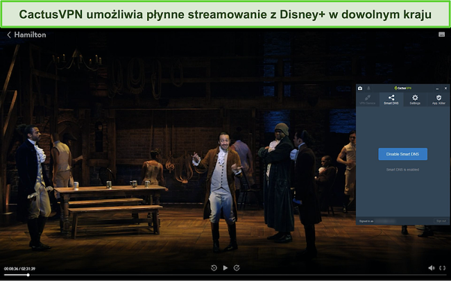 Zrzut ekranu przedstawiający Hamilton z powodzeniem przesyłający strumieniowo na Disney + z połączonym CactusVPN