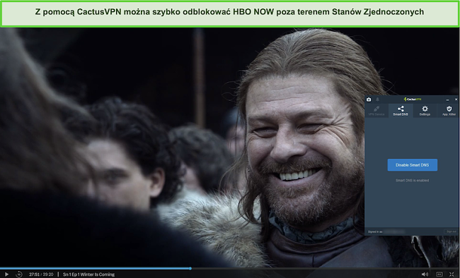 Zrzut ekranu przedstawiający grę o tron z powodzeniem przesyłaną strumieniowo w HBO NOW z połączonym CactusVPN