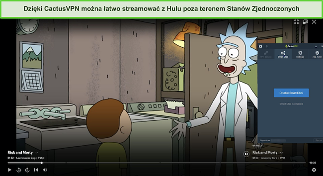 Zrzut ekranu przedstawiający Rick i Morty pomyślnie przesyłający strumieniowo na Hulu z połączonym CactusVPN