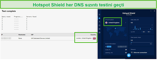 Bir İngiltere sunucusuna bağlıyken bir DNS testini geçen Hotspot Shield'in ekran görüntüsü.