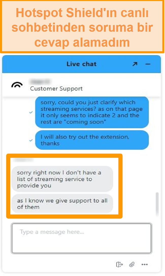 Hotspot Shield canlı sohbet aracısının ekran görüntüsü sorumu yanıtlayamıyor