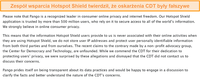 Zrzut ekranu z odpowiedzią e-mail Hotspot Shield na pytanie o incydent w 2017 roku, w którym CDT złożył skargę do FTC na temat praktyk gromadzenia danych przez Hotspot Shield.