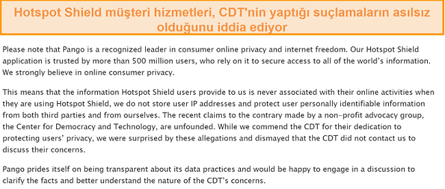 Hotspot Shield'ın veri toplama uygulamaları hakkında FTC'ye şikayette bulunan CDT'yi içeren 2017 olayı sorulduğunda Hotspot Shield'ın e-posta yanıtının ekran görüntüsü.