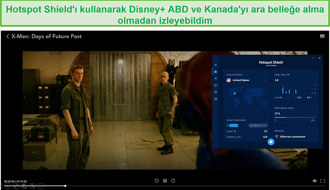 Hotspot Shield'in Disney + engelini kaldıran ve X-Men: Days of Future Past akışının ekran görüntüsü.