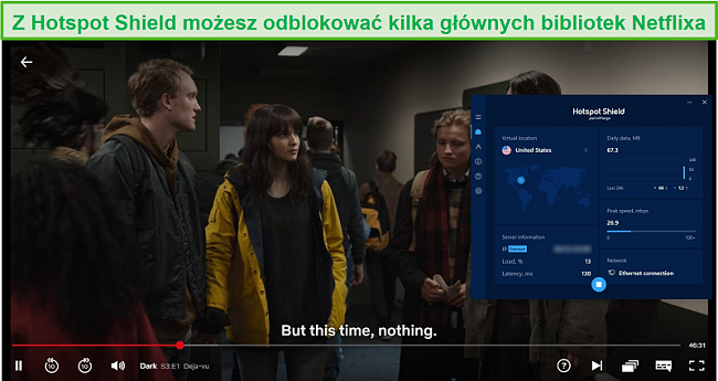 Zrzut ekranu przedstawiający Hotspot Shield odblokowujący Netflix i przesyłający strumieniowo Dark.