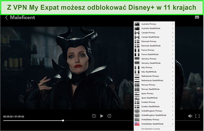 Zrzut ekranu przedstawiający My Expat Network odblokowującą Disney + US