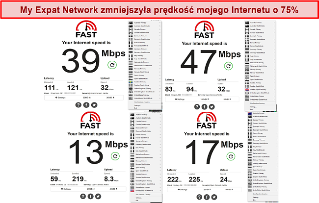Zrzut ekranu testów szybkości sieci My Expat na różnych serwerach
