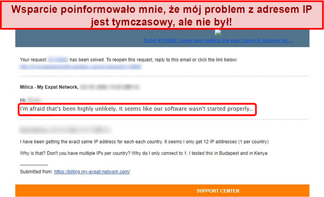 Zrzut ekranu z odpowiedzią e-mail My Expat Network zawierającą wyjaśnienie problemu z adresem IP