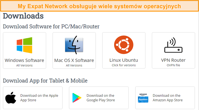 Zrzut ekranu przedstawiający wybór obsługiwanych platform My Expat Network