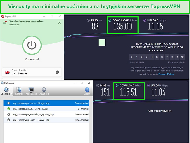 Zrzut ekranu z wynikami testu prędkości podczas połączenia z serwerami Express VPN w Wielkiej Brytanii za pośrednictwem Viscosity i ExpressVPN