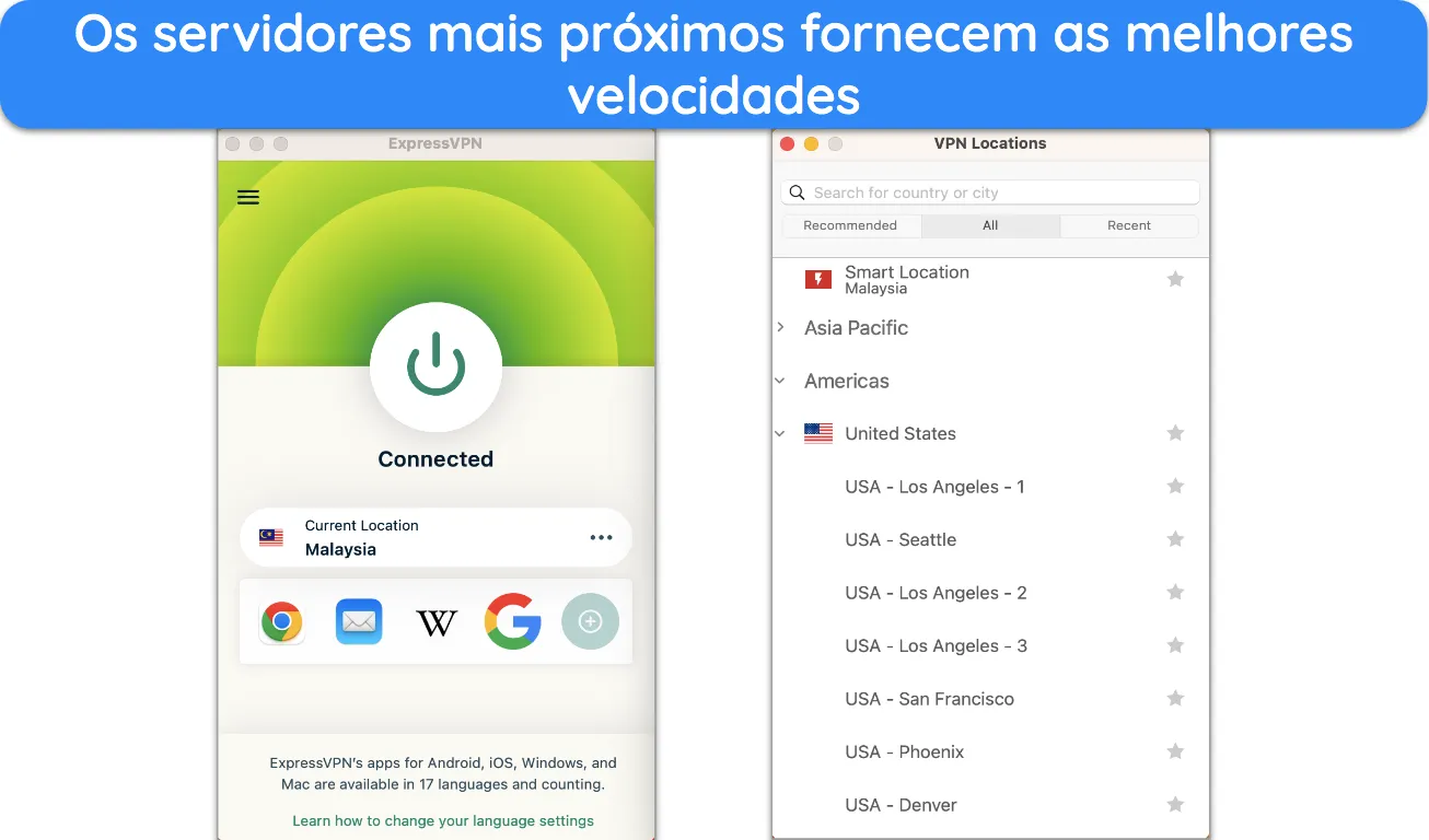 Captura de ecrã da lista de servidores do ExpressVPN.