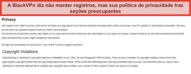 Captura de tela das seções Privacidade e Violações de direitos autorais dos Termos de Serviço do BlackVPN