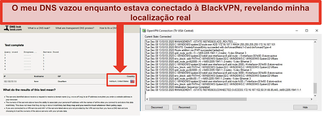 Captura de tela de um teste de vazamento de DNS com falha enquanto o BlackVPN está conectado a um servidor nos EUA