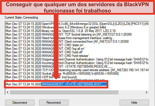 Captura de tela do BlackVPN tentando se conectar a um servidor através do cliente OpenVPN