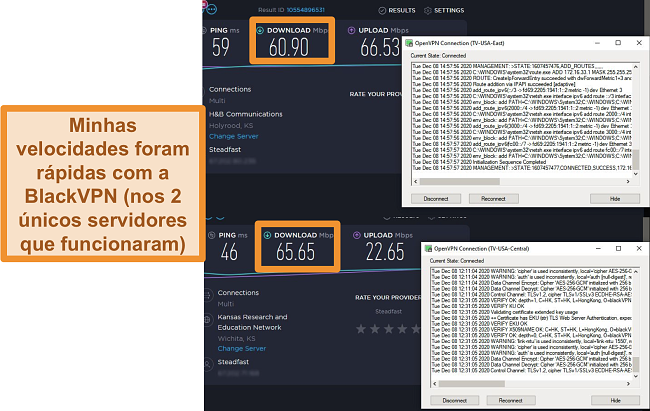 Captura de tela de 2 testes de velocidade enquanto conectado a servidores BlackVPN nos EUA