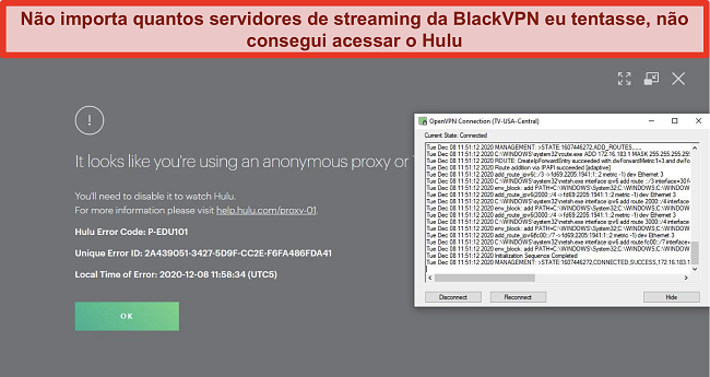 Captura de tela do erro de IP de proxy do Hulu enquanto o BlackVPN está conectado via OpenVPN