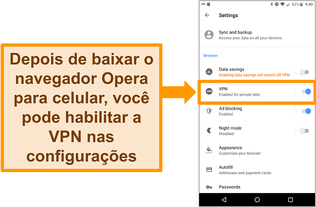 Captura de tela do menu de configurações do navegador Opera Android mostrando a opção VPN habilitada