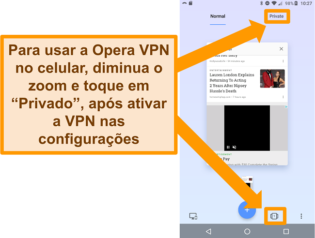 Captura de tela das configurações do Opera para celular