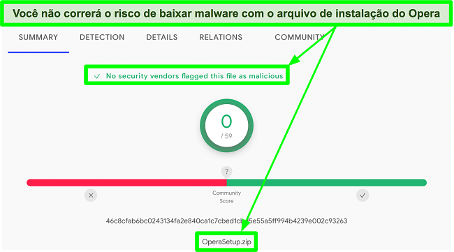 Captura de tela de uma verificação de malware mostrando nenhum vírus encontrado no arquivo de instalação da Oprah