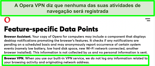 Captura de tela da política de privacidade do Opera mostrando que a VPN não grava registros