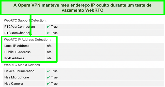 Captura de tela do OperaVPN passando no teste de vazamento WebRTC