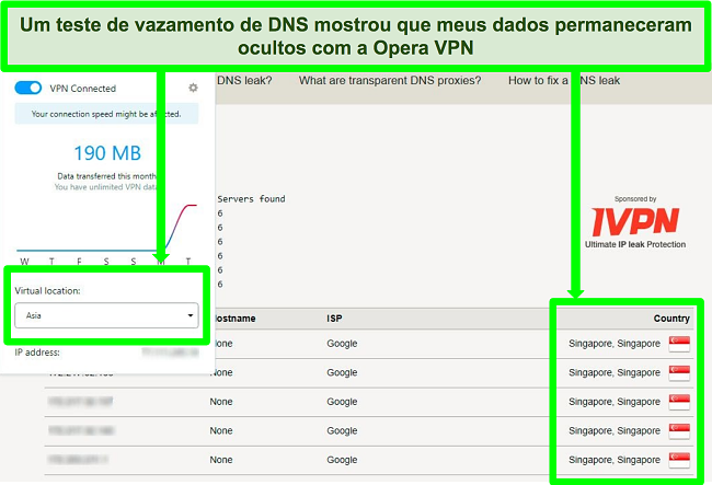 captura de tela dos resultados do teste de vazamento de DNS mostrando nenhum vazamento enquanto conectado ao Opera VPN