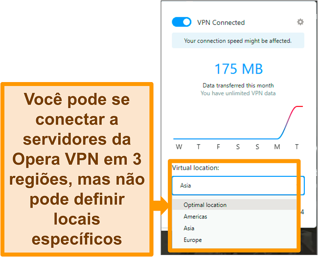 Captura de tela do menu de localização virtual do Opera VPN