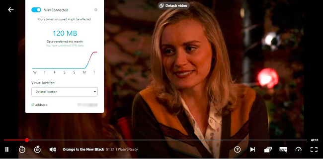 Captura de tela do Opera VPN aberta enquanto Orange é o novo Black streams no Netflix