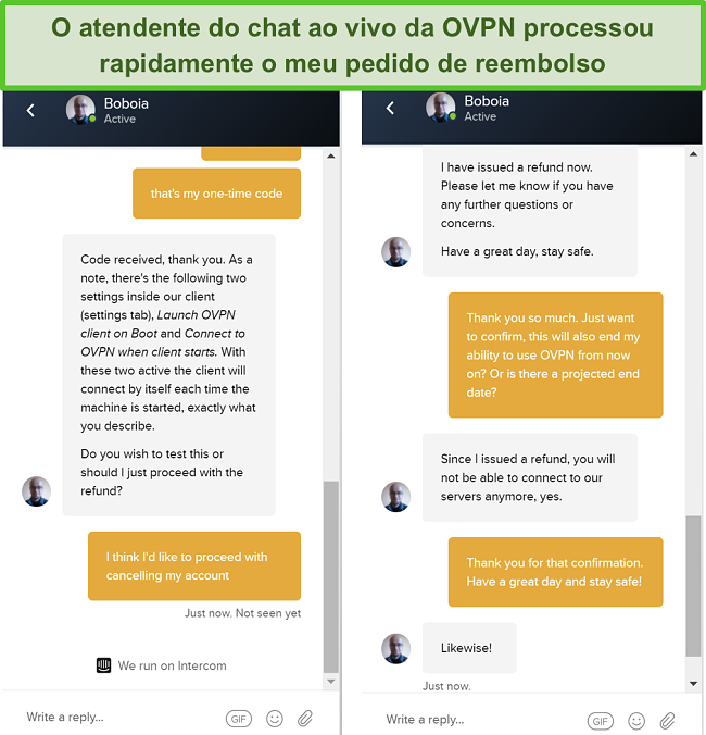 Captura de tela de uma solicitação de reembolso bem-sucedida por meio do chat ao vivo da OVPN