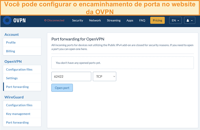 Captura de tela da opção de encaminhamento de porta em OVPN