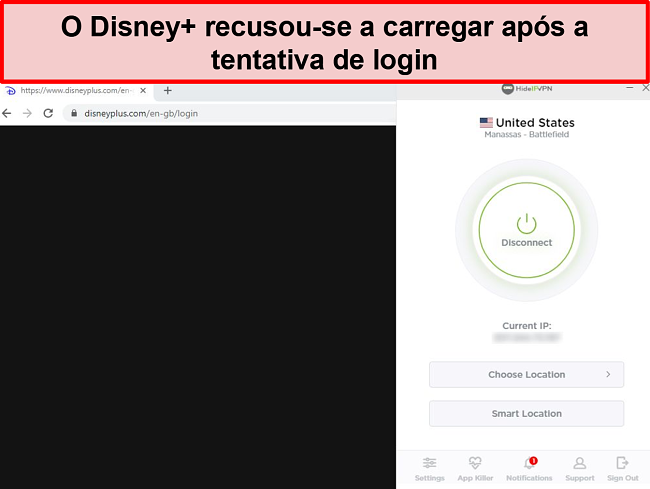 Captura de tela de HideIPVPN falhando ao acessar Disney +.