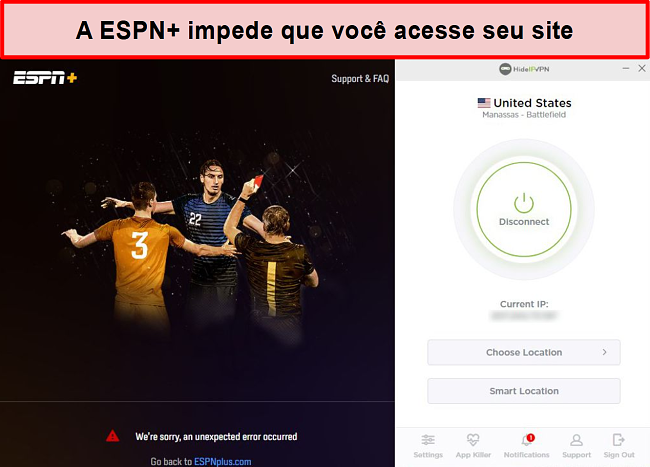 Captura de tela do ESPN + impedindo você de acessar seus serviços via HideIPVPN.