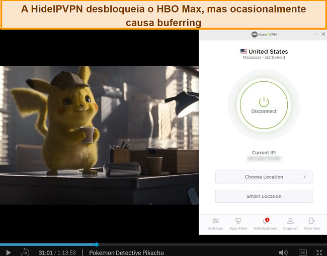 Captura de tela de HideIPVPN desbloqueando HBO Max, transmitindo Pokémon Detetive Pikachu.