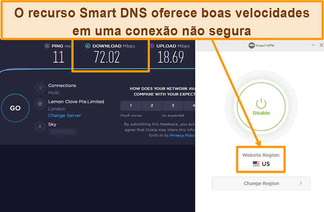 Captura de tela do teste de velocidade do HideIPVPN Smart DNS.