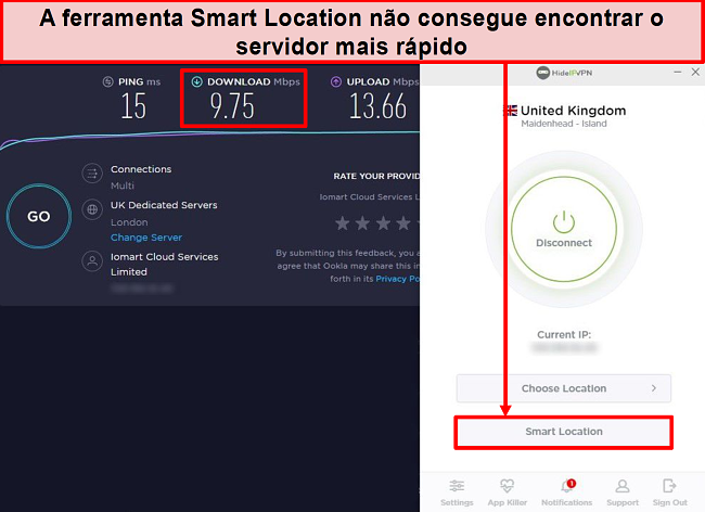 Captura de tela do teste de velocidade usando o Smart Location.