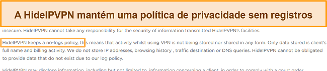 Captura de tela da política de não registro do HideIPVPN.