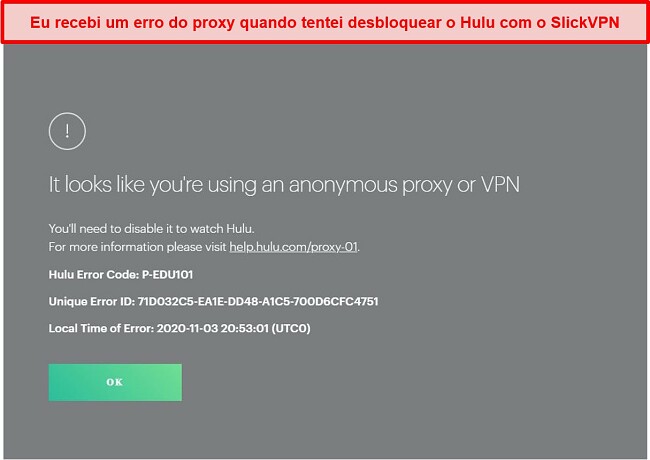 Captura de tela do SlickVPN sendo bloqueado pelo Hulu