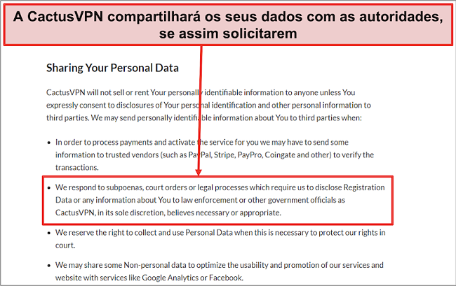 Captura de tela da política de privacidade do CactusVPN que mostra que eles entregarão seus dados