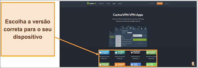 Captura de tela mostrando onde baixar a versão do CactusVPN que você deseja de seu site